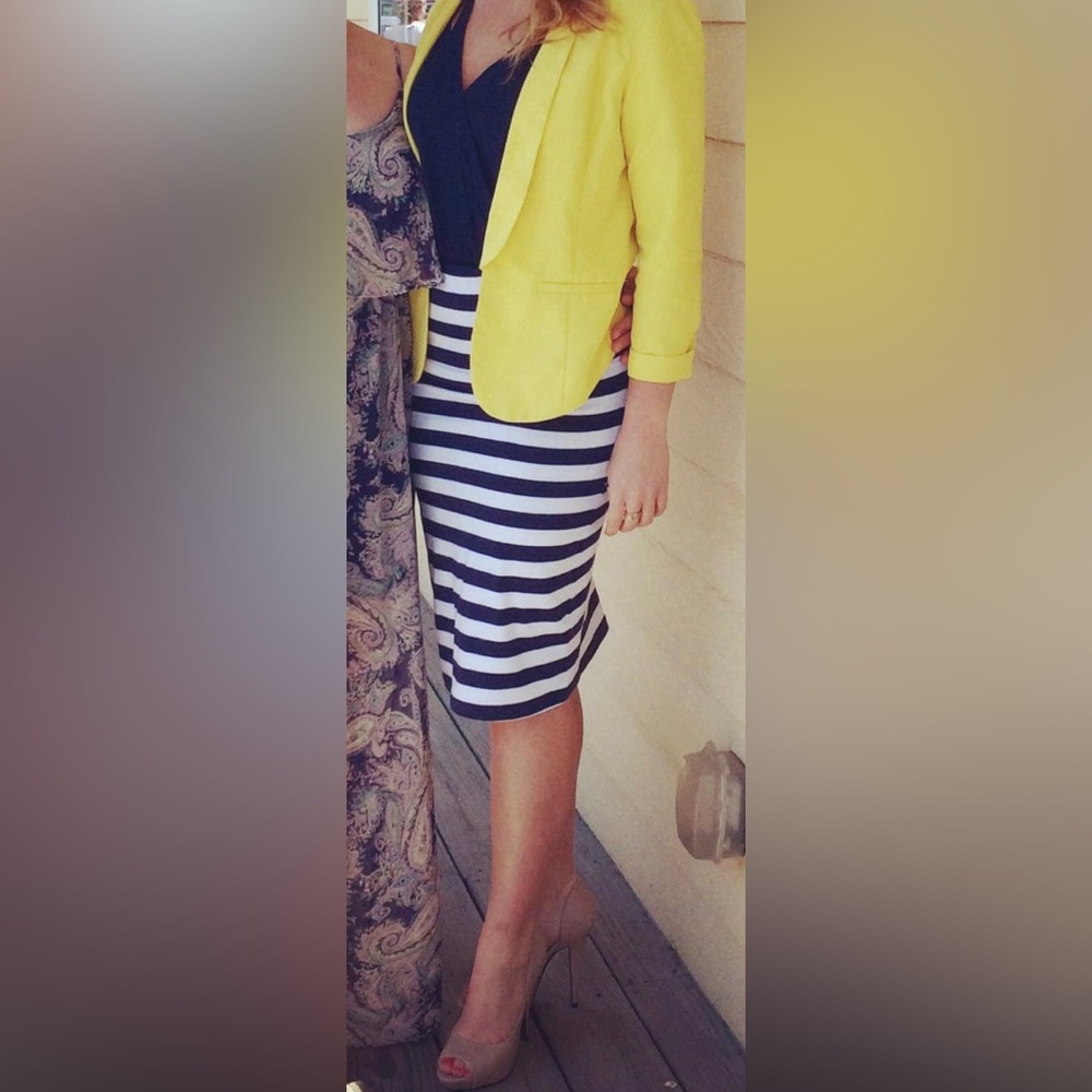 Large White & Navy Blue Striped Pencil Skirt